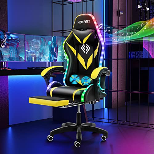 HOFFREE Gaming Chair Massage with Bluetooth Speakers and Led Lights Ergonomic Computer Gaming Chair with Footrest RGB Video Game Chair with High Back Lumbar Support Blue and Black