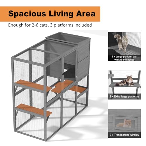 Catio Outdoor Cat Enclosure, Large Cat House for Mulitiple Cats Walk in Cat Cage with Waterproof Cover and Sunshine Panel Roof, Feral Cat Shelter with 7 Platforms and 2 Resting Box, 72 inch