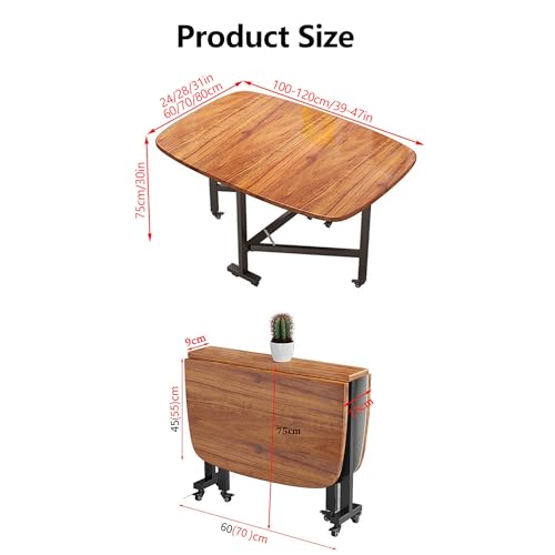 Wood Extendable Dining Table with Wheels | Folding Table Dining, Universal Wheel, Space Saving Gateleg Table for Kitchen | Brown-120x80x75CM