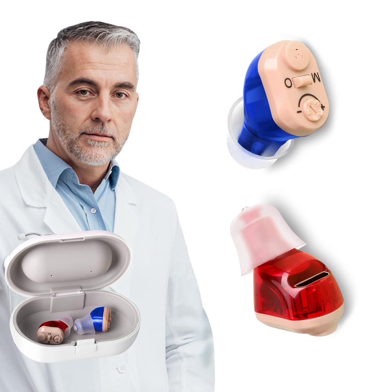 New Hearing Aids, Rechargeable Hearing Amplifier to Aid Adults Seniors Hearing, Invisible Hearing Aid for Noise Cancelling, Comfortable to Wear, 2 Pack（Red and Blue）