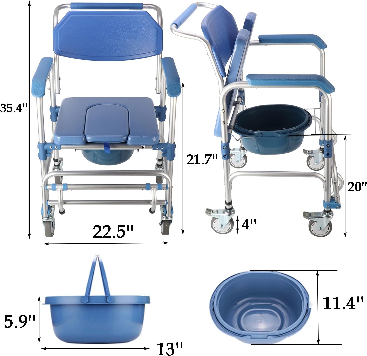 uyoyous Shower Commode Chair with Wheels Multi-Functional Rolling Shower Wheelchair with Soft Padded Waterproof Mobile Over Toilet Chair with 250 lbs Weight Capacity for Disable Injured
