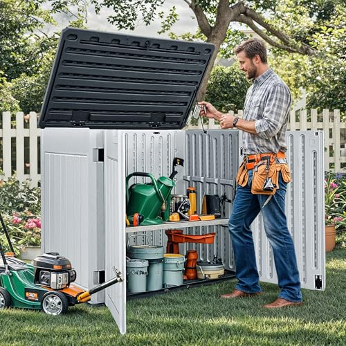 DWVO Outdoor Weather-Resistant Horizontal Storage Shed, 35 Cu Ft Capacity, Lockable and Waterproof, Suitable for Storing Garden Tools, Light Gray