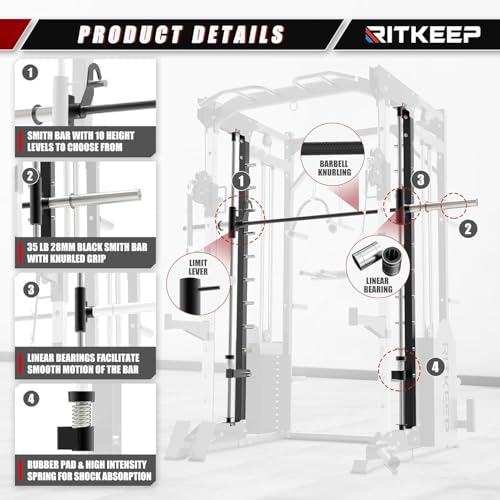 Smith Machine,RitKeep PMAX 5600 Pro,All-in-One Home Gym Equipment Featuring 2200lb Load Capacity and 320lb Weight Stack,Includes T-Bar Row,LAT Pulldown Bar,and More Attachment,for Home Gym Use