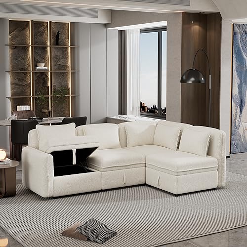 Convertible Modular Sectional Sofa with Storage, 122.8" Modern Chenille Fabric Couch Minimalist Sofa with 5 Pillows for Living Room, Office, Apartment, Space Saving, Free Combination, Cream