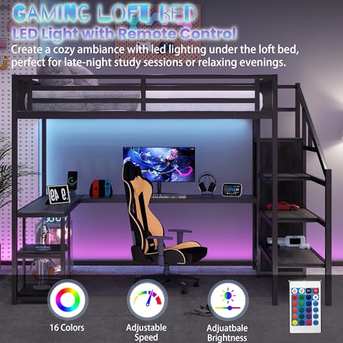 Full Size Loft Bed with Desk and Stairs,Metal Gaming Loft Bed Full with Wardrobe and Shelf, High Loft Bed with LED & USB Charging Station for Teens, Adults, Space Saving Design,Black