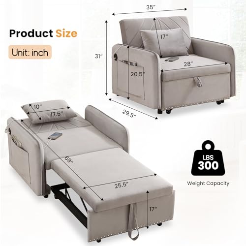 Convertible Chair Bed with USB Ports, 3 in 1 Modern Velvet Pull Out Sofa Bed Chair, Single Sleeper Chair with Pillow for Living Room, Small Spaces, Apartment, Office, Black