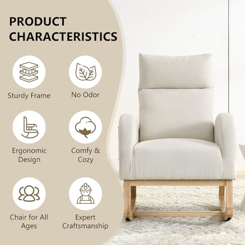 NIOIIKIT Modern Nursery Rocking Chair, Teddy Upholstered Glider Chair with High Back and Side Pocket, Comfy Accent Armchair with Wood Legs, Recliner Chair for Living Room (Grey Teddy)
