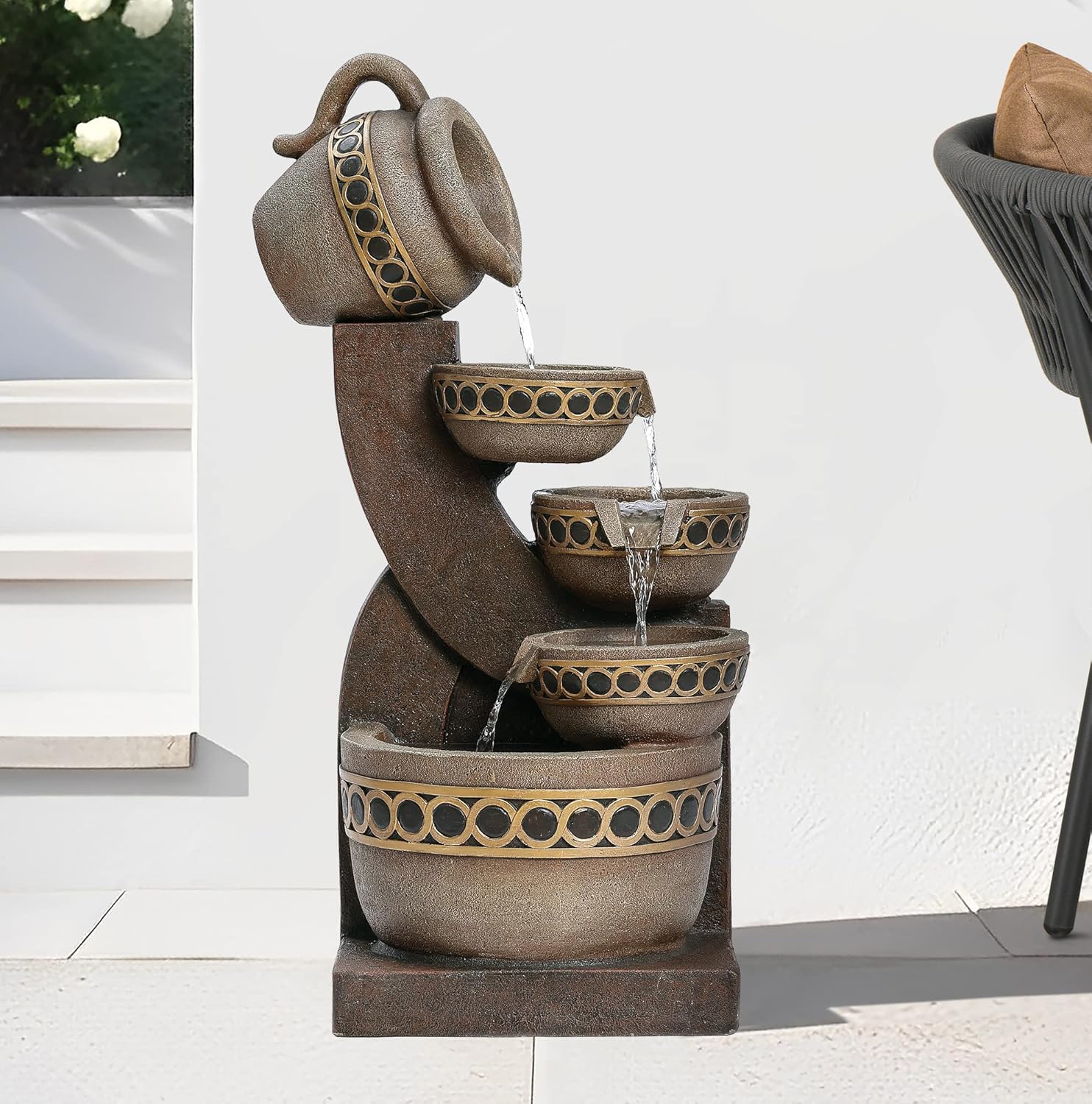 LuxenHome Outdoor Water Fountain, 5 Tiered Polyresin Cascading Pitchers Outdoor Fountains and Waterfalls, Water Fountain Decor for Patio, Yard, and Garden, Water Feature Waterfall Fountains Outdoor