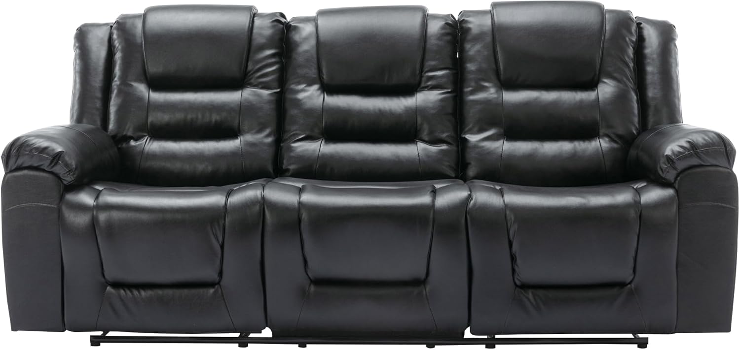 3 Seater Wall Hugger Manual Reclining Loveseat Couch, Faxu Leather Motion Sofa RV Chair Home Theater Lounge Seating with Center Console and Fold Down Table w/Cupholders for Living Room Office