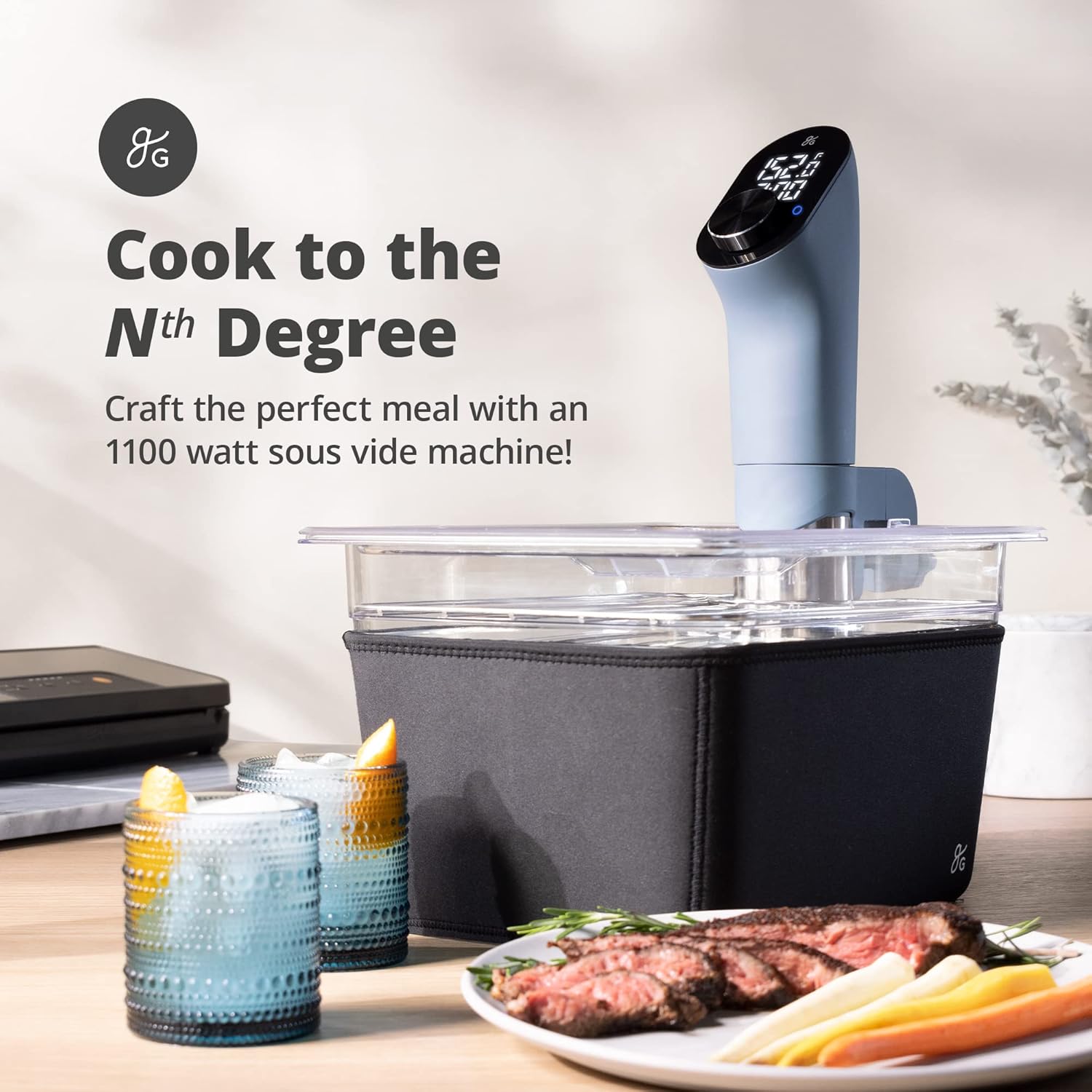 Greater Goods Holiday Sous Vide Bundle with Sous Vide Cooker, Container, and Silicone Weights, Designed in St. Louis. Stone Blue.