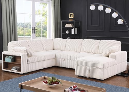 Oversized U-Shaped Sectional Sofa Couch Plush Corduroy Upholstered Modular Deep Seat Sofa&Couch Sectional W/Right Facing Chaise Lounge and 7 Toss Pillows for Home Apartment Living Room Furniture Sets