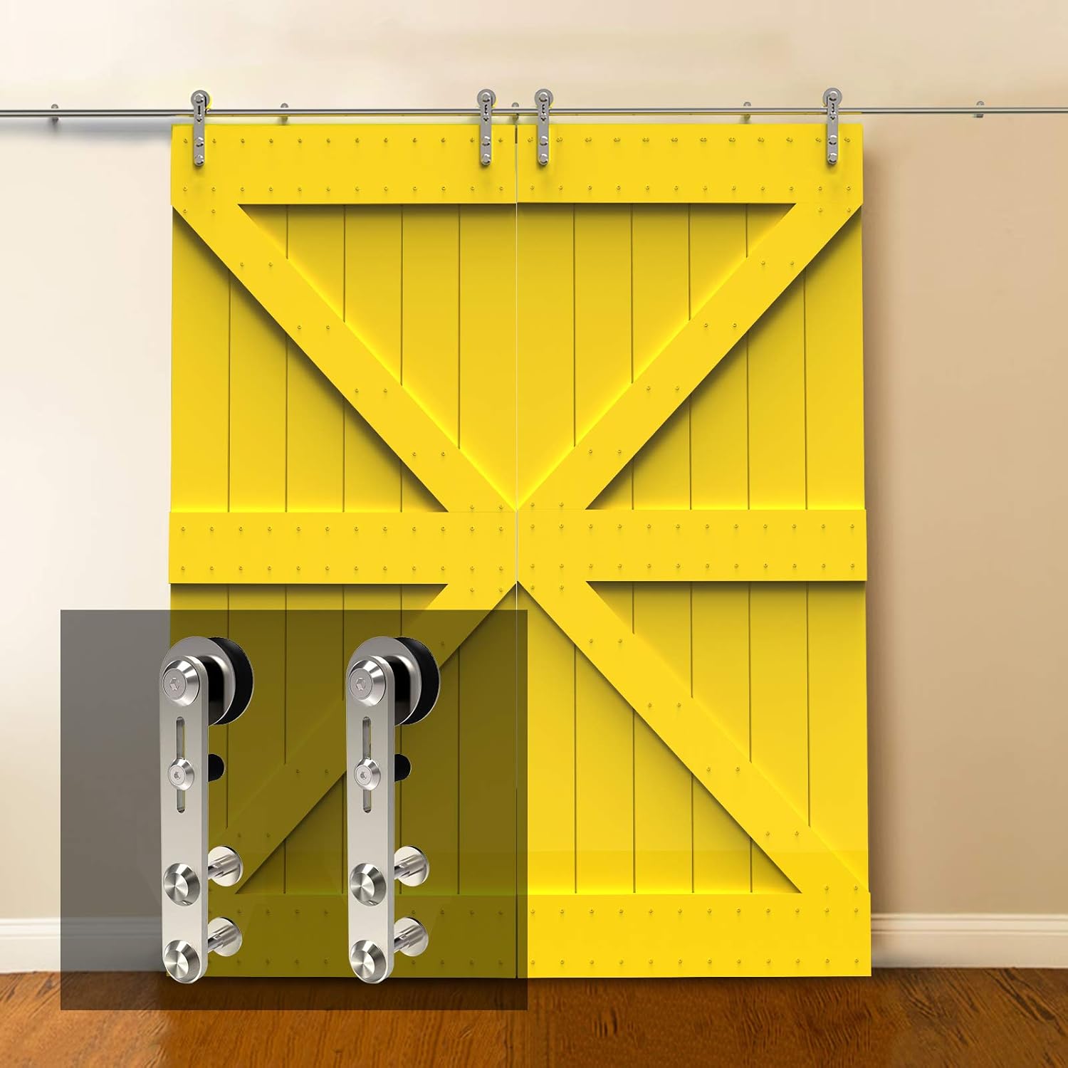 14FT Stainless Steel Sliding Double Barn Door Hardware Track Kit Heavy Duty Simple Install(Round Shape Hanger)