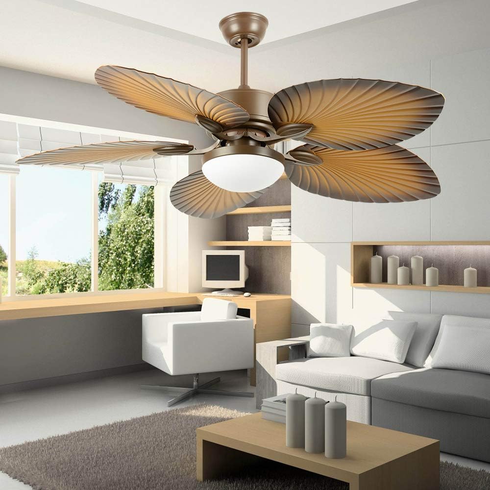 52" Tropical Palm Ceiling Fan with LED Light and Five Palm Leaf Blades - New Bronze Finish
