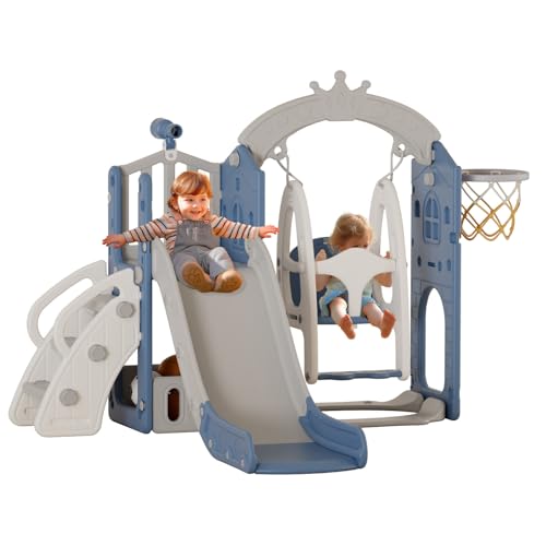KORIMEFA 6 in 1 Toddler Slide and Swing Set for Toddler Age 1-3 Years, 4-in-1 Toddles Extra-Large Playset Playground Indoor and Outdoor Swing Slide Climber Playset w/Basketball Hoop, Gray