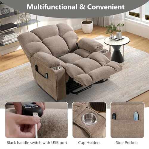CANMOV Oversized Power Lift Recliner Chair for Elderly, Dual Motor Electric Heavy Duty Lift Recliner with Massage, Heating, USB Port, Cup Holders and Pockets, Brown