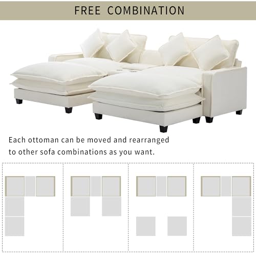 Sectional Couches for Living Room, Sectional Sofa Comfy Sofa Couch with 2 Removable Ottoman & 2 USB Ports, Built-in 2 Cup Holders and Storage Box, 2-Seat Small Couches for Bedroom, Apartments, Beige