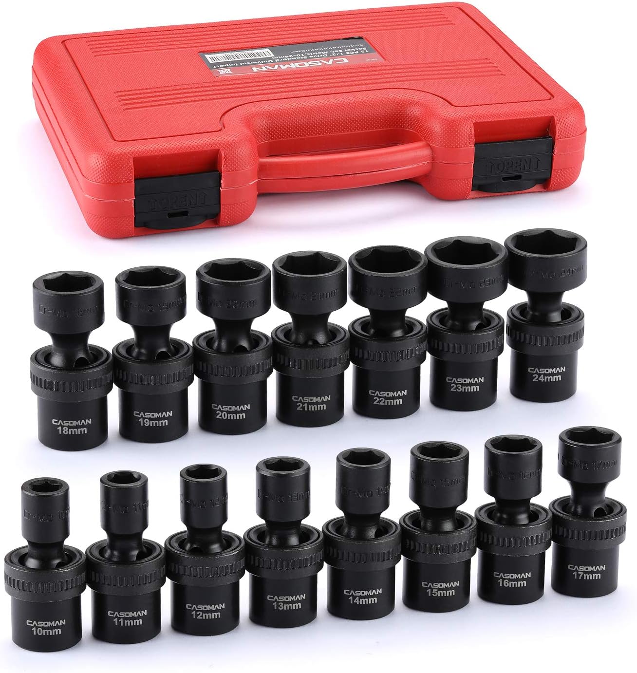 CASOMAN 15 PCS 3/8" Drive Shallow Universal Impact Socket Set, 6 Point, Metric,8-22mm