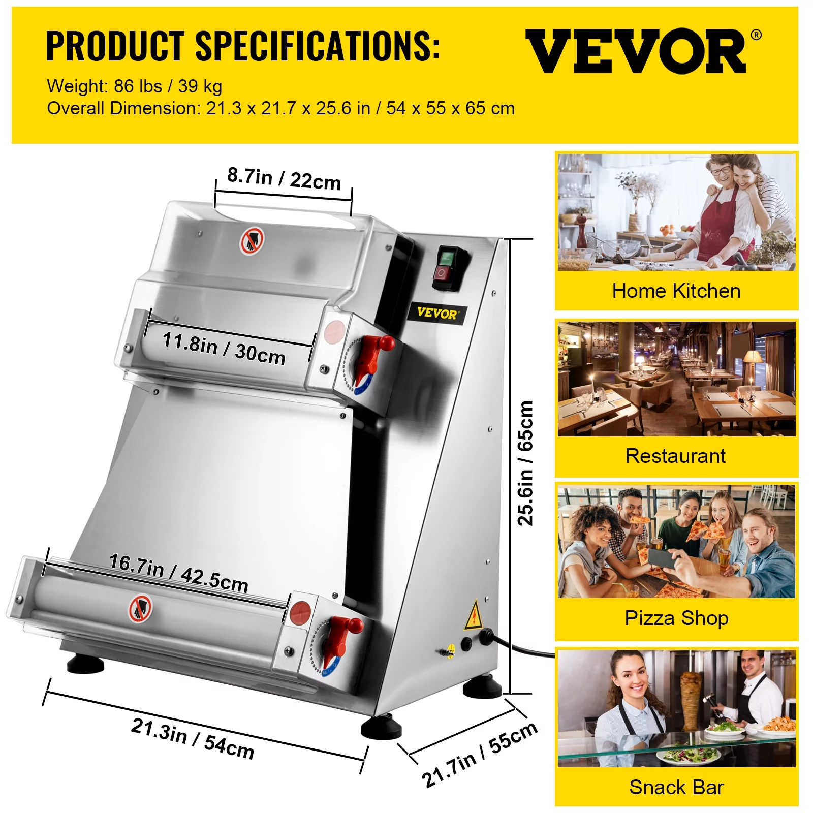 VEVORbrand Commercial Dough Roller Sheeter 15.7inch Electric Pizza Dough Roller Machine 370W Automatically Suitable for Noodle Pizza Bread and Pasta Maker Equipment