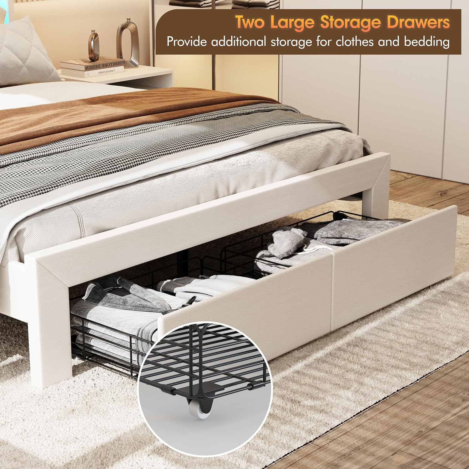Vabches Queen Size Bed Frame with LED Light and 2 Hidden Storage Drawers with Leather Upholstered Headboard and Charging Station, Supported by Wooden Slats, Noise-Free, No Springs Needed, White