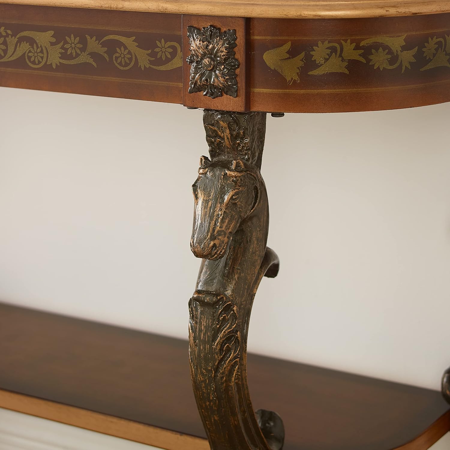 Powell Furniture Masterpiece Floral Demilune Powell Console Table, Brown and Gold 42 x 31.5 x 15.5