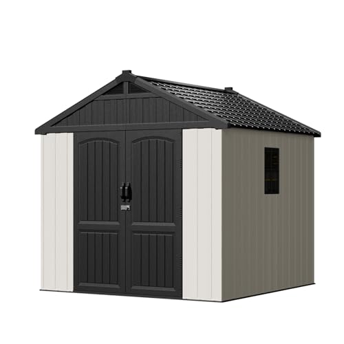 Patiowell 8 x 12 FT Plastic Outdoor Storage Shed with Floor, Resin Shed with Window and Lockable Door for Garden, Backyard, Tool Storage Use, Easy to Install in Beige (Kick-it Shed)