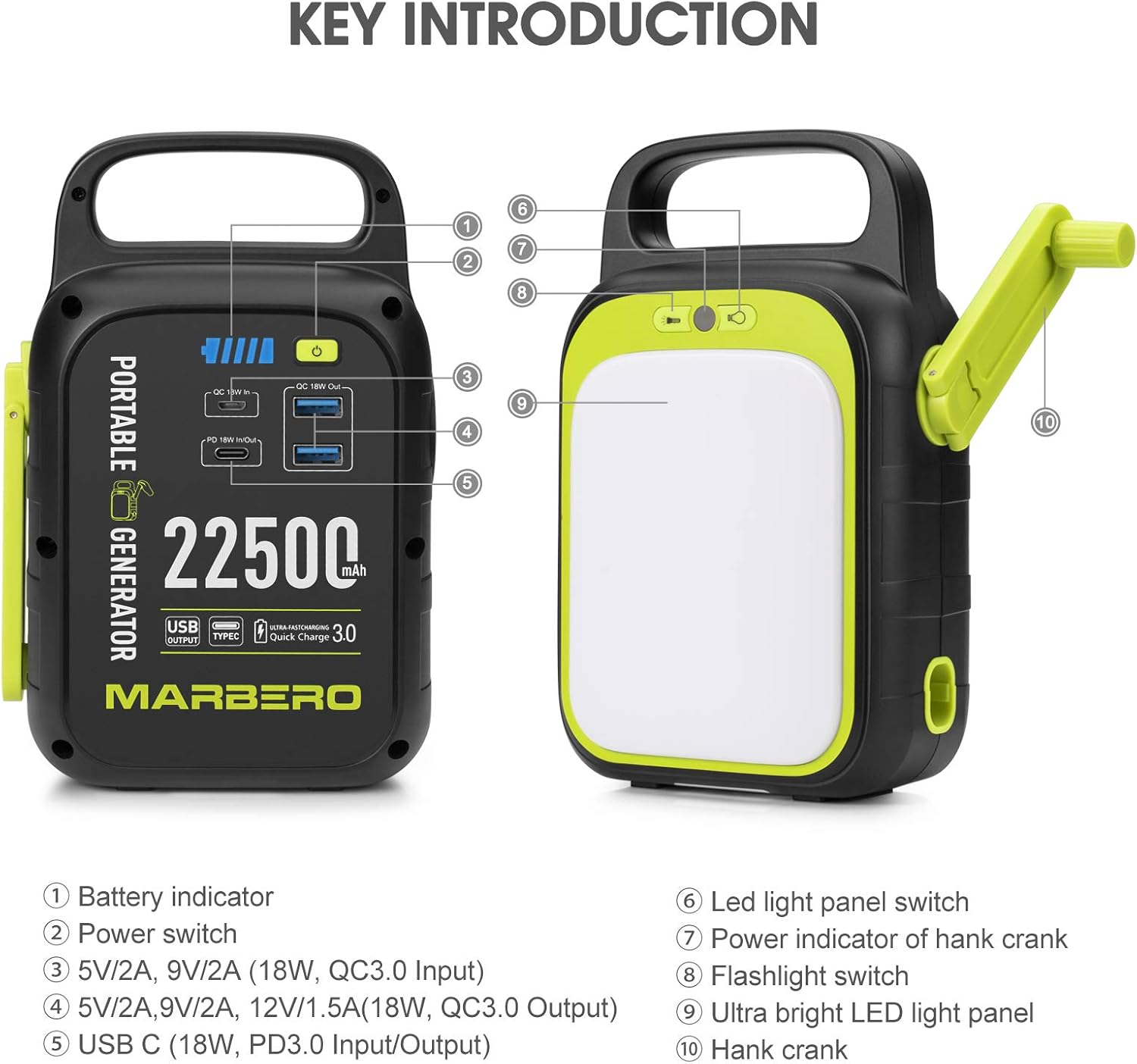 MARBERO 22500mAh Portable Power Station with Bright LED Flashlight for Camping, Small Power Station QC/PD 3.0 Charges Quickly for Home Office Emergency Backup Outdoor, Special Hand-cranked…