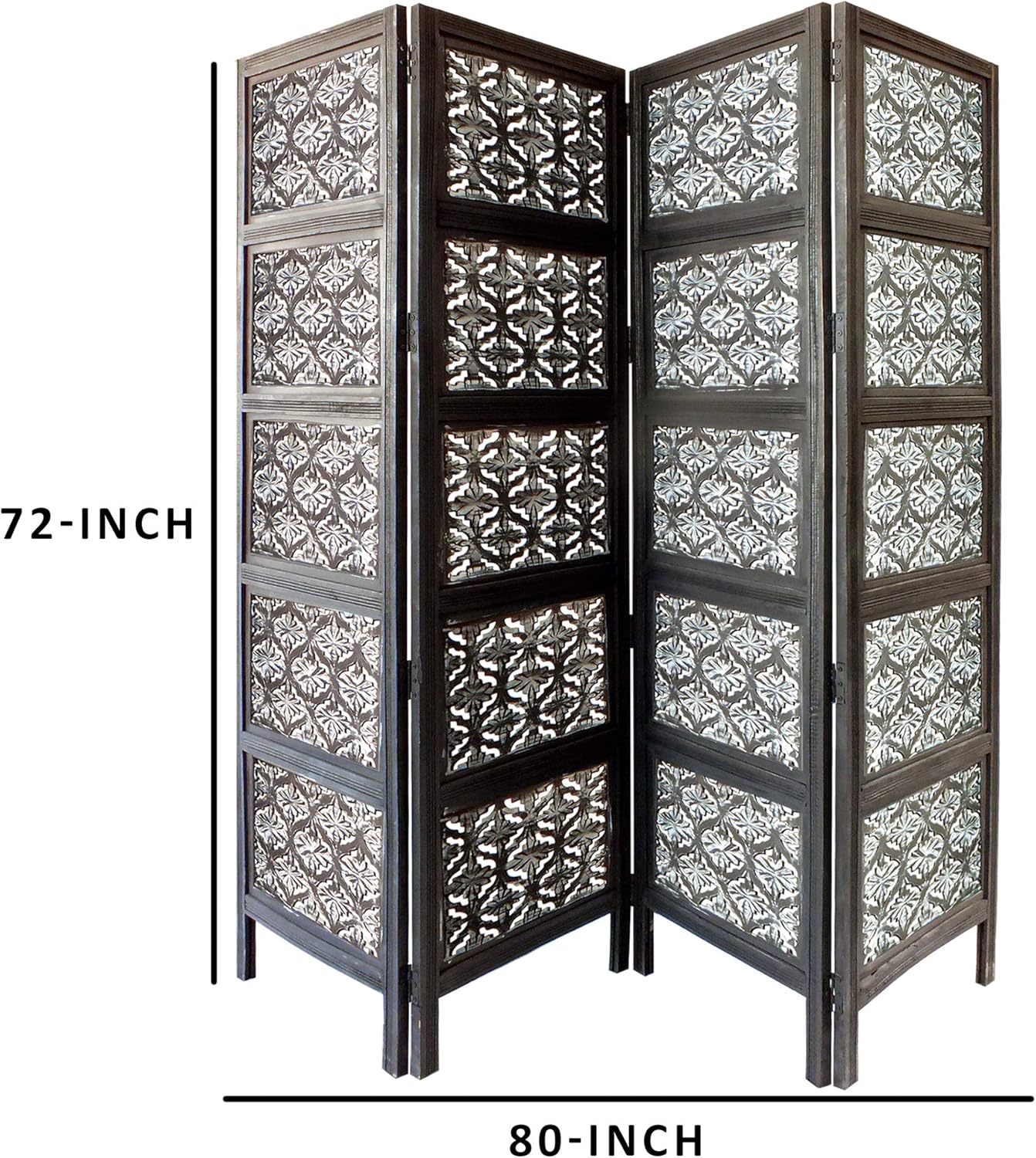 TUP The Urban Port , Black and White Four Panel Mango Wood Room Divider with Traditional Carvings