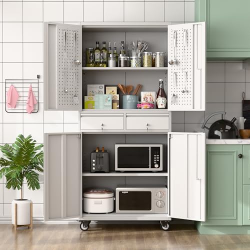 73" H Metal Storage Cabinet with Wheels, Garage Storage Cabinet with 4 Adjustable Shelves and Lockable Doors for Garage Home Office Utility Room,Required Assembly,Black
