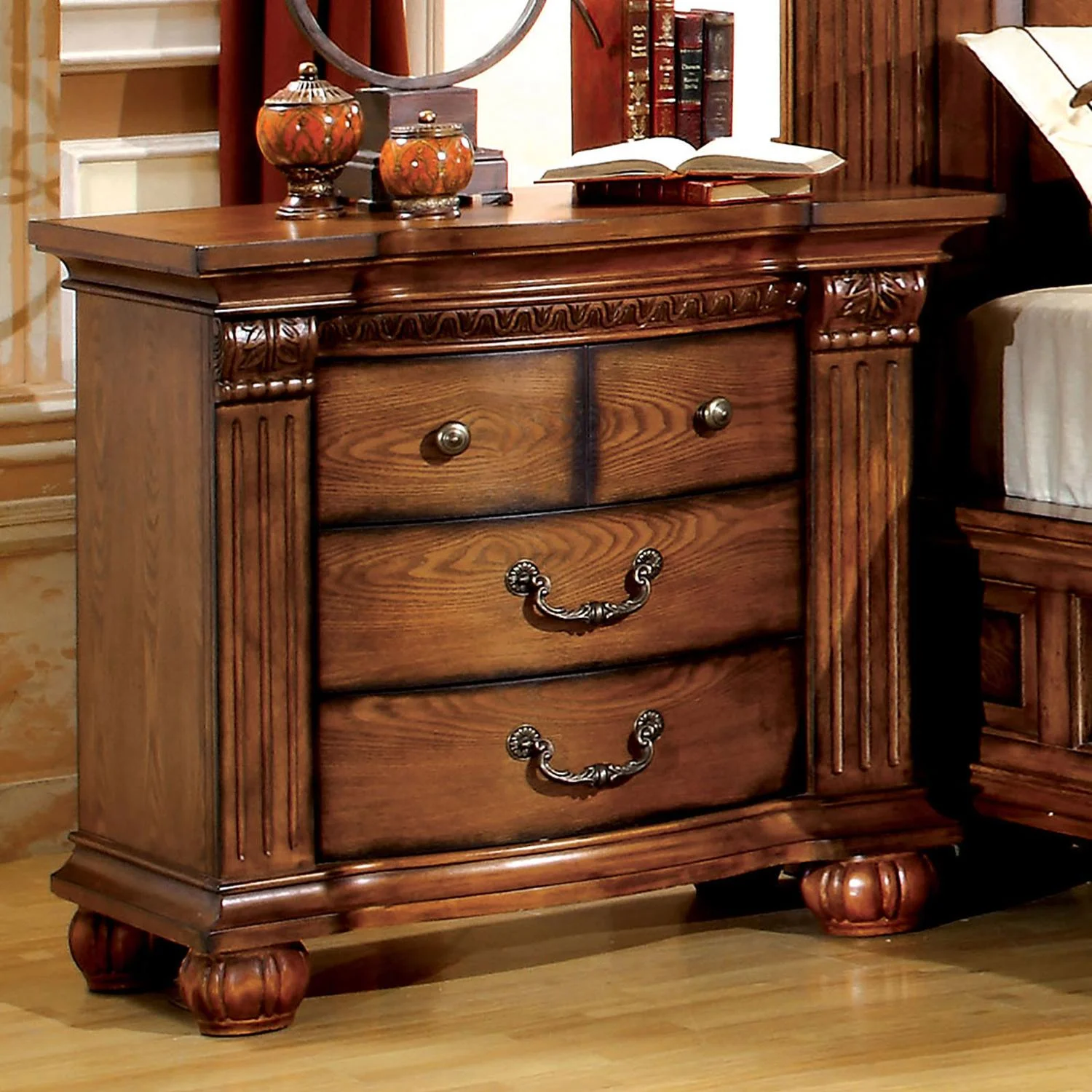 Antique Tobacco Oak Solid Wood King Bedroom Set 3pcs FOA CM7738-EK Bellagrand