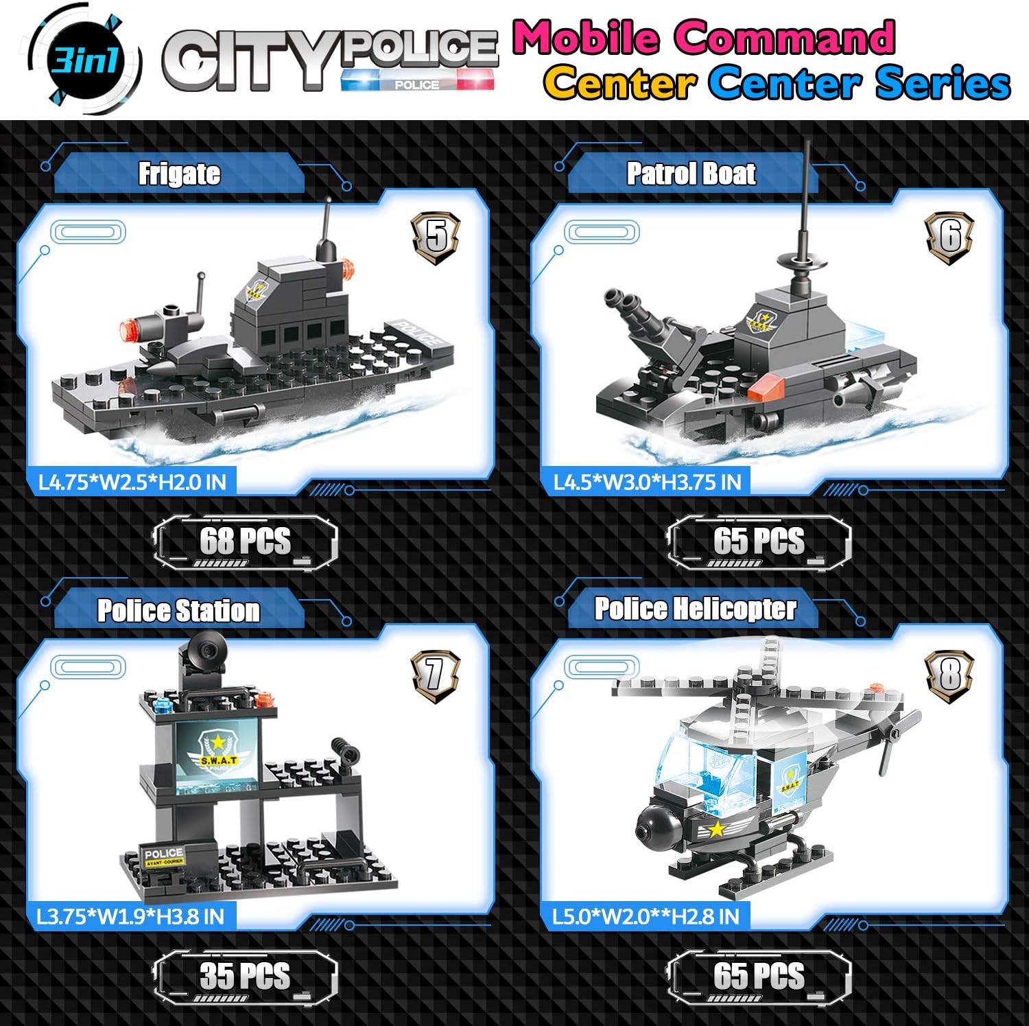 1110 PCS SWAT City Police Station Mobile Command Center Truck Car Building Blocks Set in 25 Different Models Police Cars, Helicopter, Boat, with Storage Box Roleplay Toys Gift for Kids Boys Girls 6-12