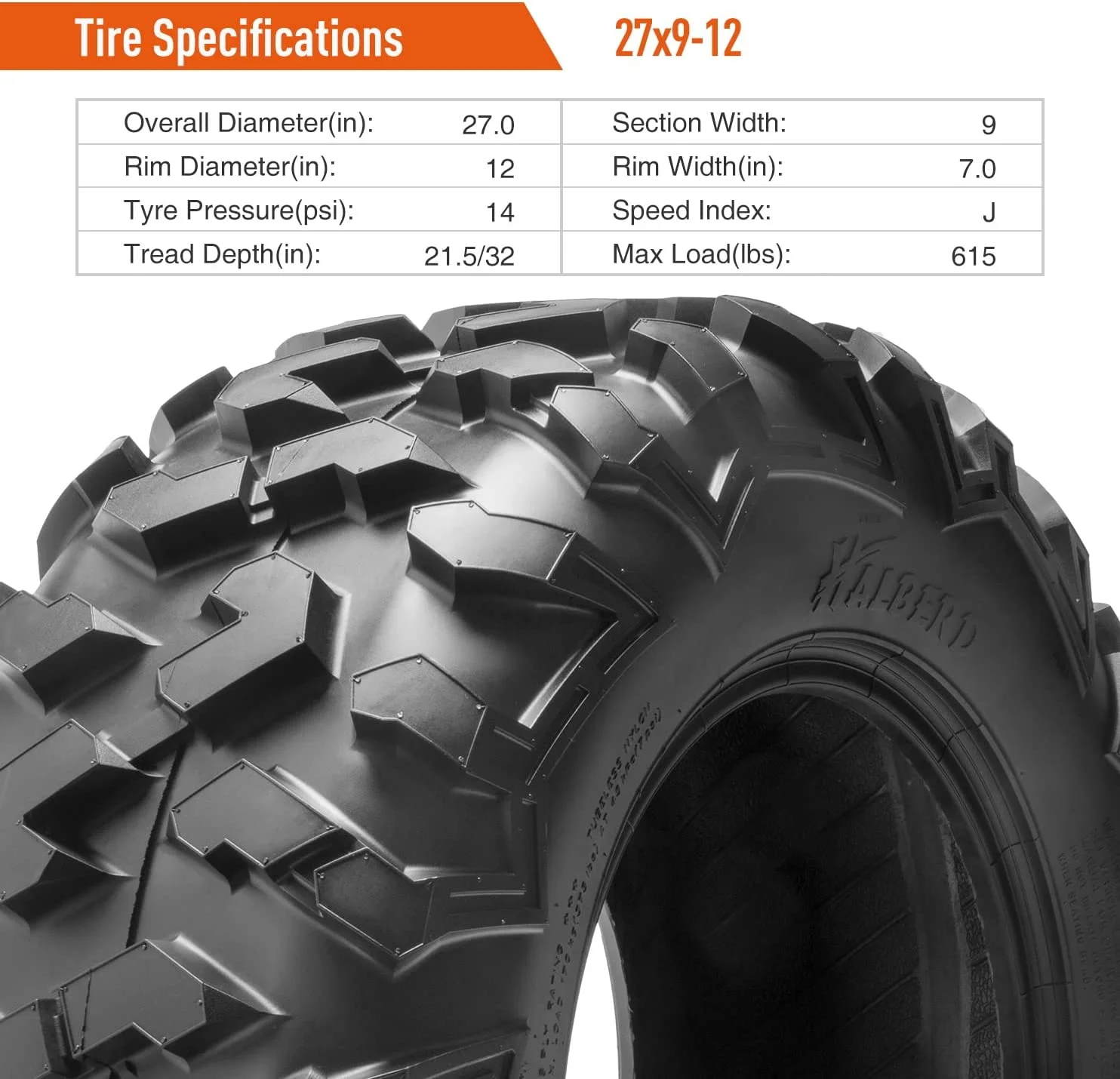 HALBERD 6PLY 27x9-12 ATV Tires 27x9x12 All Terrain Trail Sand UTV Off-Road Tires  (20mm Tread Depth Tubeless)