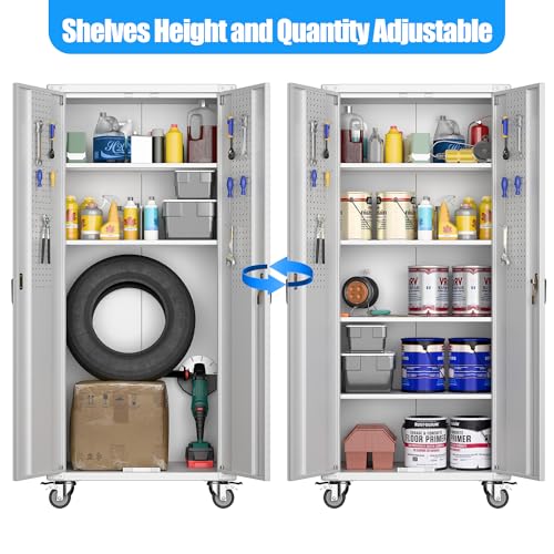 73" H Metal Storage Cabinet with Wheels, Garage Storage Cabinet with 4 Adjustable Shelves and Lockable Doors for Garage Home Office Utility Room,Required Assembly,Black