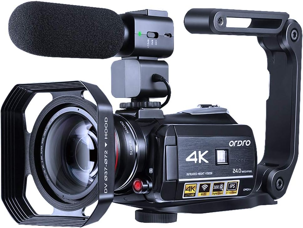 4K Camcorder Vlogging Camera for YouTube ORDRO HDR-AC3 Ultra HD Video Camera 1080P 60FPS IR Night Vision Wi-Fi Camera Recorder Digital Camcorders with Microphone Wide Angle Lens Handheld Stabilizer