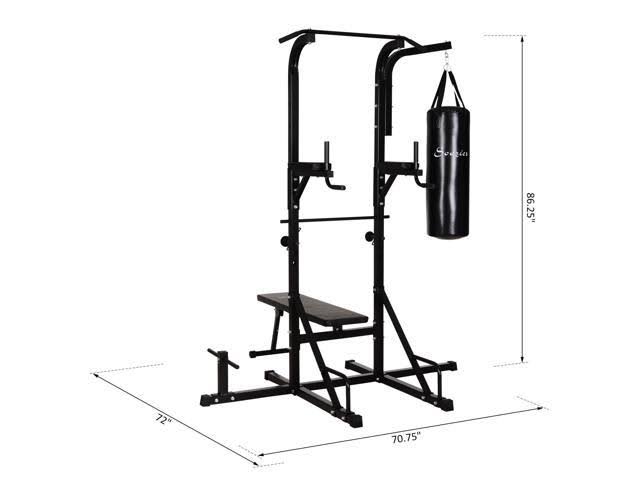Soozier Home Gym Power Tower with Bench and Punching Bag, Multi-Function Adjustable Dip Sit Up Workout Station Equipment Heavy D