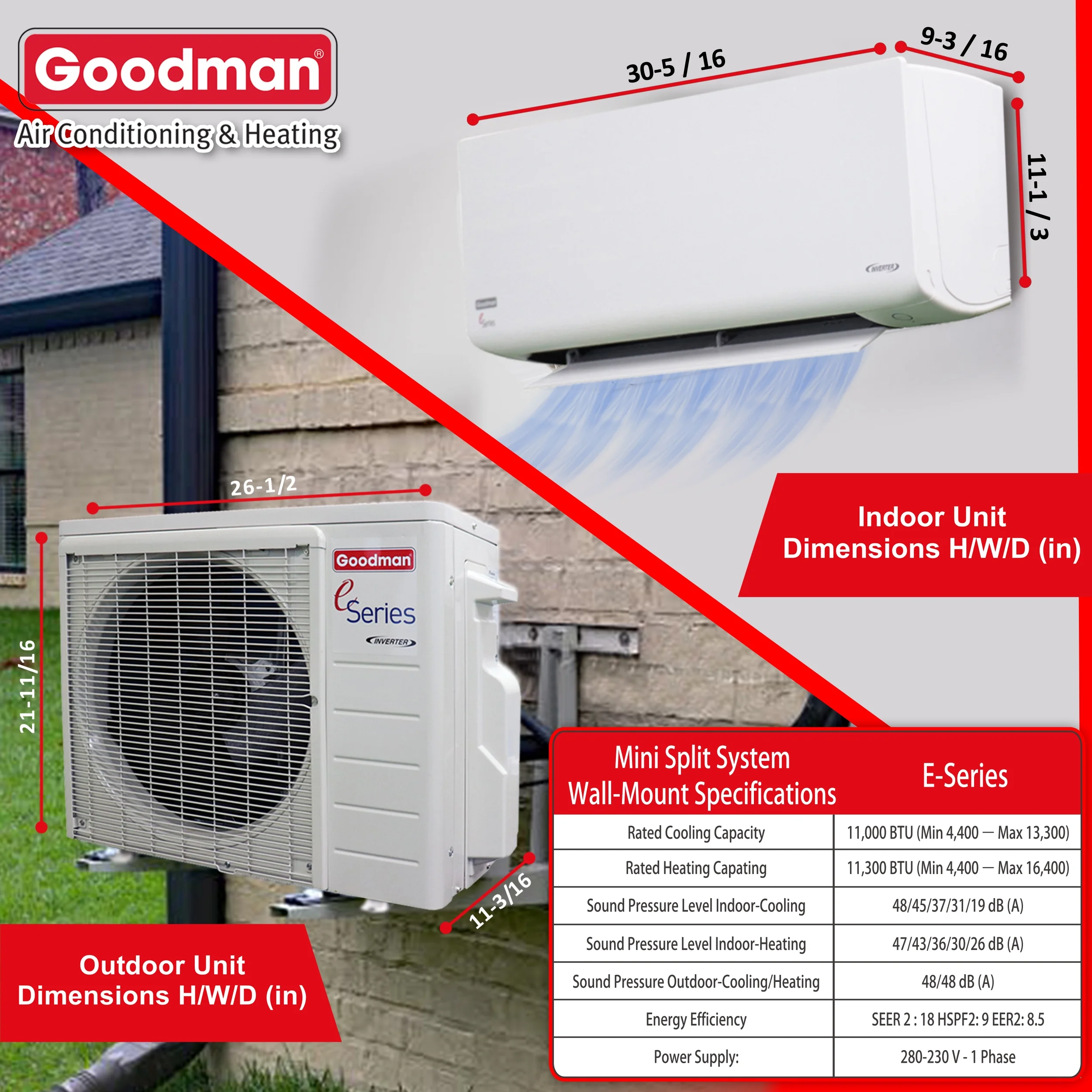 Goodman 12,000 BTU 18 SEER2 Ductless Mini-Split Heat Pump Air Conditioner up to 550 sq. ft.