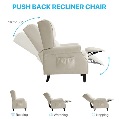 Vintage Wingback Recliner with Massage, Modern Linen Fabric Pushback Recliner for Living Room and Bedroom with Side Pockets, Wooden Legs(Beige)