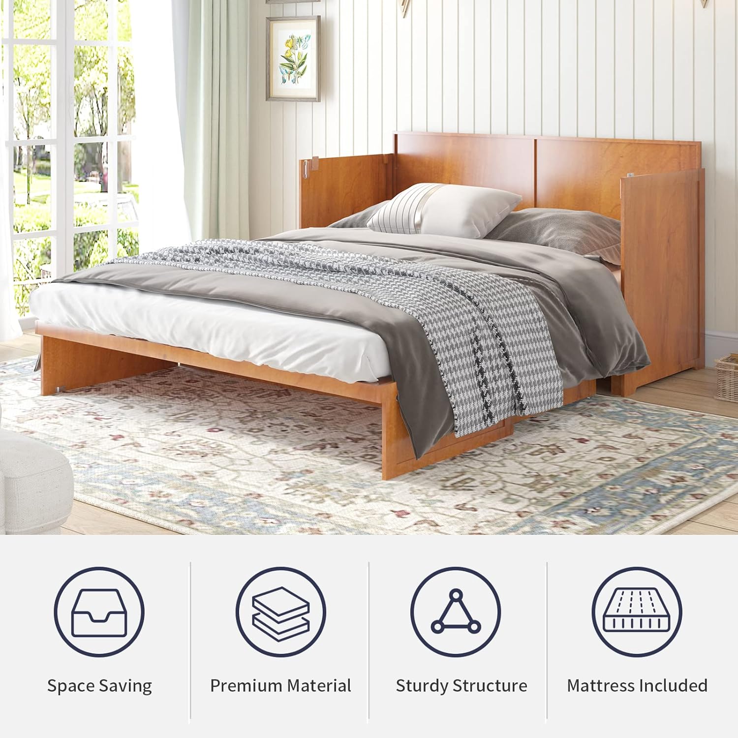 Multifunctional Murphy Cabinet Bed with Built-in USB Power Strip& 2 Drawers, Foldable Platform Bed - Cherry