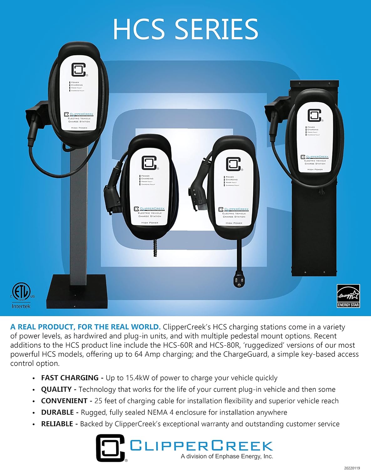 ClipperCreek EV Charging Station, Level 2, HCS-50P, NEMA 14-50, 40A, 25 ft Charging Cable, Safety Certified, Made in America