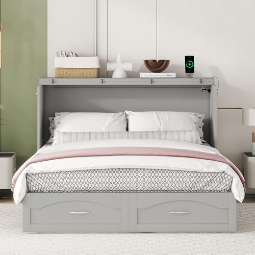 Convertible Murphy Bed 2-In-1 Wall Bed Solid Wood Murphy Cube Bed w/Drawer&Sockets/USB Ports for Teen Adult, Folding Storage Chest Bed Platform Bed Frame w/Headboard for Home Office Dorm (Queen,Grey)