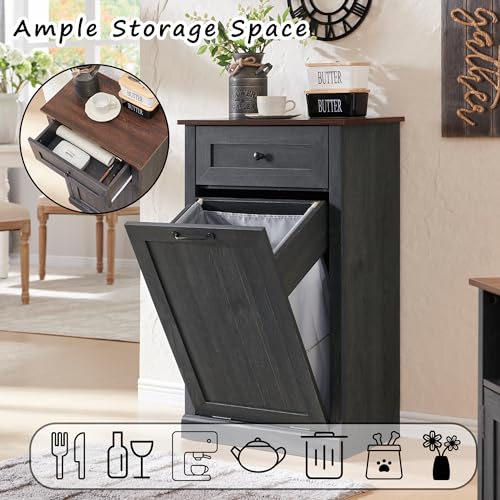 Double Tilt Out Trash Cabinet, Dog Proof Trash Can Cabinet, Farmhouse Hidden Laundry Hamper Cabinet with Barn Door, 10 Gallon Garbage Can Bin Cabinet with Storage Basket for Kitchen (Dark Grey)