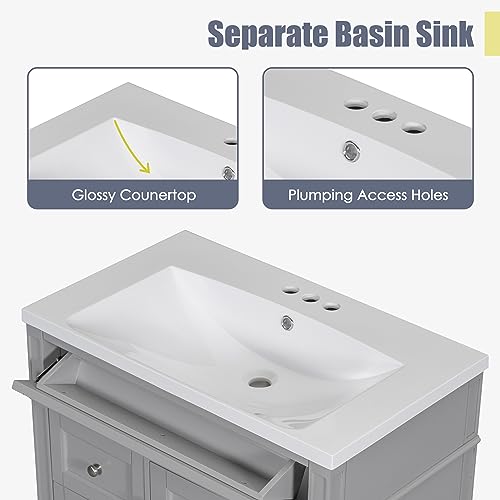 30inch Bathroom Vanity with Sink,Freestanding Bathroom Cabinet with 2 Drawers and a Tip-Out Drawer,Single Sink,Easy Assmebly,Vanity Sinks for Bathrooms with Small Spaces(White)