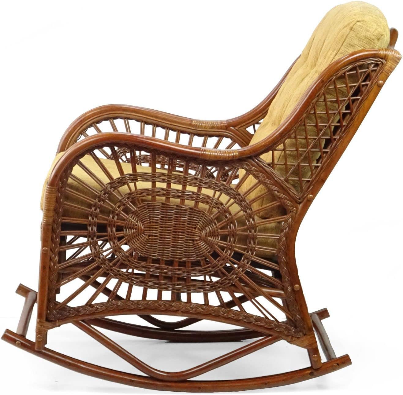 Wickerix Malibu Handmade Natural Rattan Living Room Set of 2 Rocking Lounge Chairs with Light Brown Cushions and Round Coffee Table with glass Colonial (Light Brown Color)