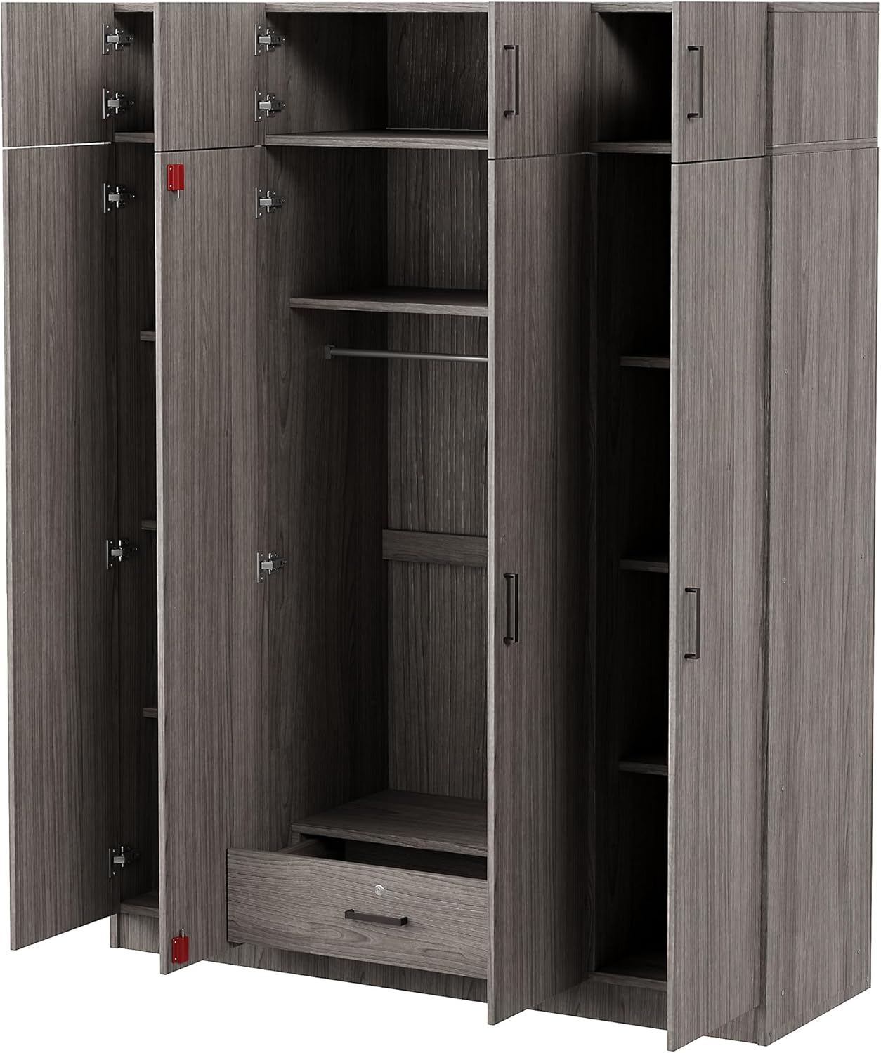 Modern Wardrobe with 4-Door and 1 Drawers, Wood High Cabinet Closet, 80.8" Tall Bedroom Armoires with Shelves, Hanging Rods and Top Cabinet for Bedroom Entryway (Gray-BB01)