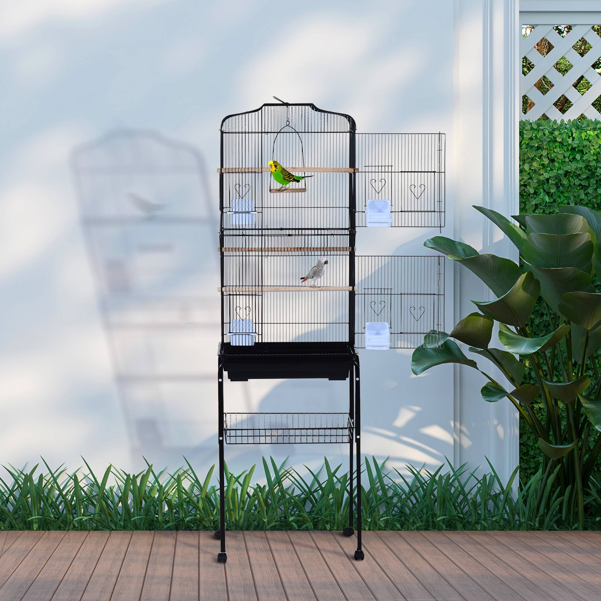 PawHut 63x22 Metal Indoor Bird Cage Starter Kit with Detachable Rolling Stand, Storage Basket, and Accessories - Black