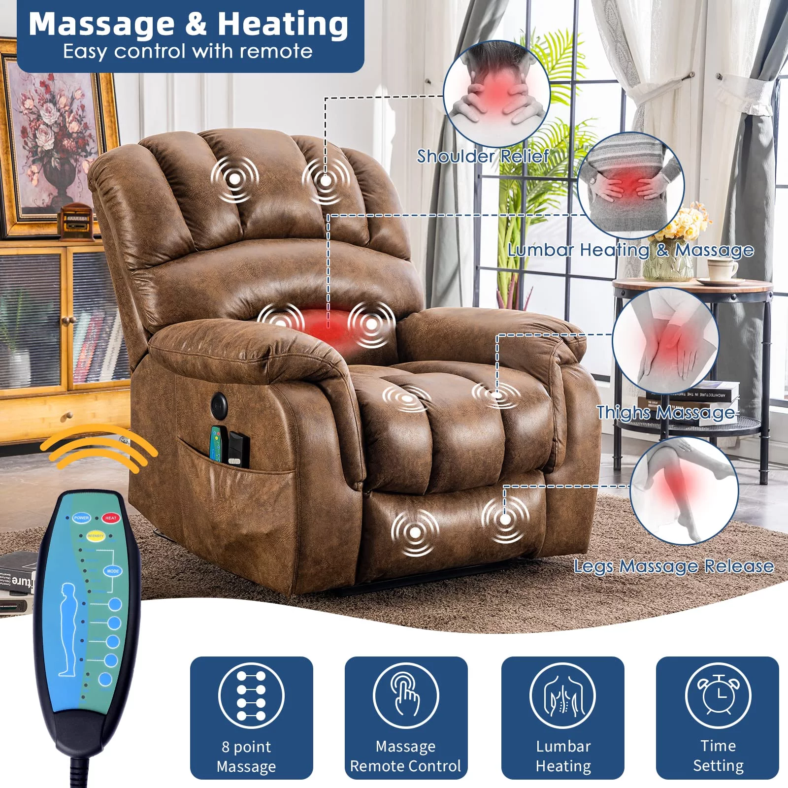 SOCIALCOMFY Dual Motor Large Electric Lift Recliner Chair for Elderly Big People, Heated Massage Lay Flat Sleeper Power Recliner, Infinite Position, 2 Remote Controls, Side Pockets & USB Ports, Brown