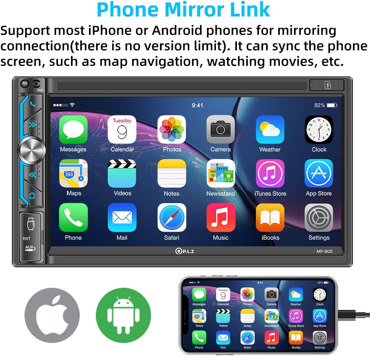 PLZ MP-902 Double Din Car Stereo, 7 Inch Full HD Capacitive Touchscreen Car Radio Receiver with Mirror Link, Bluetooth 5.1, Backup Camera, Steering Wheel Control, Subw, FM/AM Car Radio, USB /TF/AUX