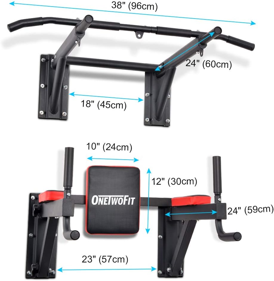 ONETWOFIT Wall Mounted Power Tower Pull Up Bar Station Workout Dip Station, Multi-Function Chin Up Bar Exercise Bar Set for Home Gym Strength Training Fitness Equipment, Pull Up Stand 330 Lbs