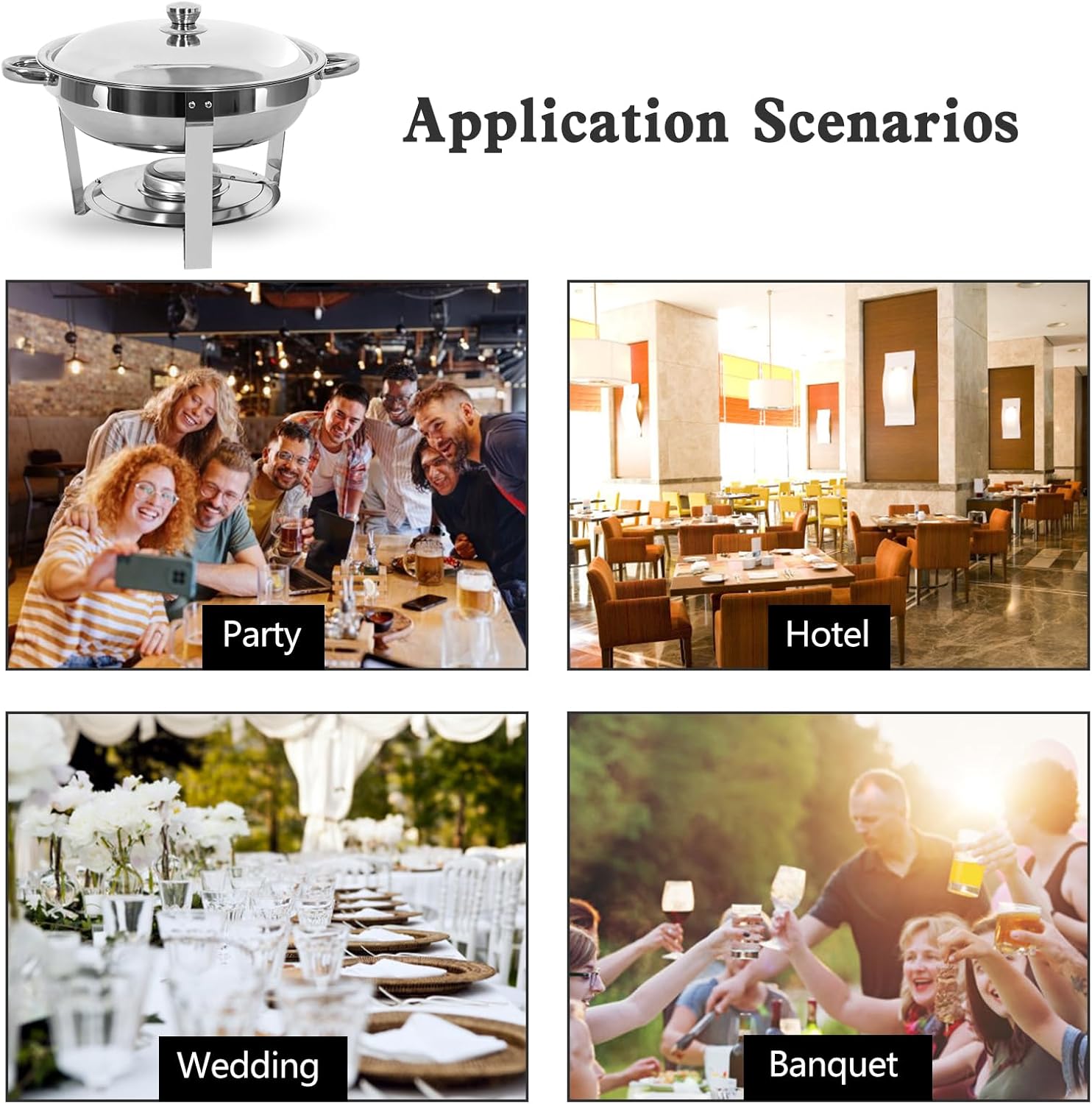 5 Qt Chafing Dish Buffet Set 6 Pack, Stainless Steel Round Chafers and Buffet Warmers Sets with Food and Water Trays for Catering