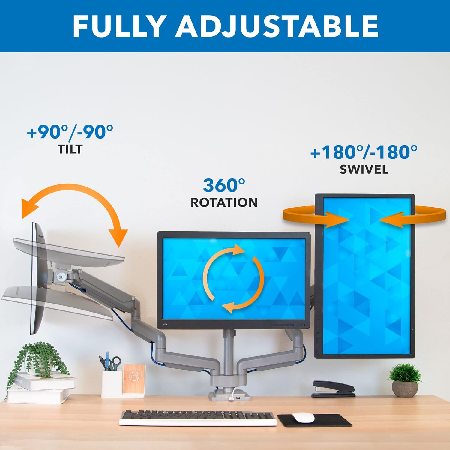 Mount-It! Triple Monitor Mount with USB and Audio Ports, 3 Monitor Desk Mount, Balanced Height Adjustable Triple Monitor Stand for Three Computer Screens 24 27 30 32 Inch VESA Screens, Gaming, Office