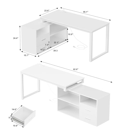 L-Shaped Desk with File Cabinet & Power Outlet, 55 Inch Large Computer Corner Table with Drawers and Storage Shelves for Home Office, White